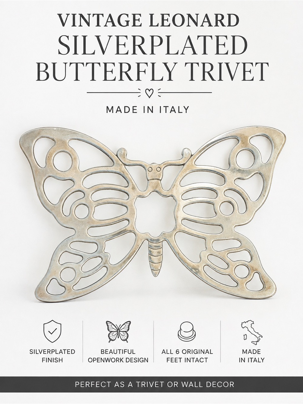 Vintage Leonard Silverplated Butterfly Trivet – Made in Italy EUC